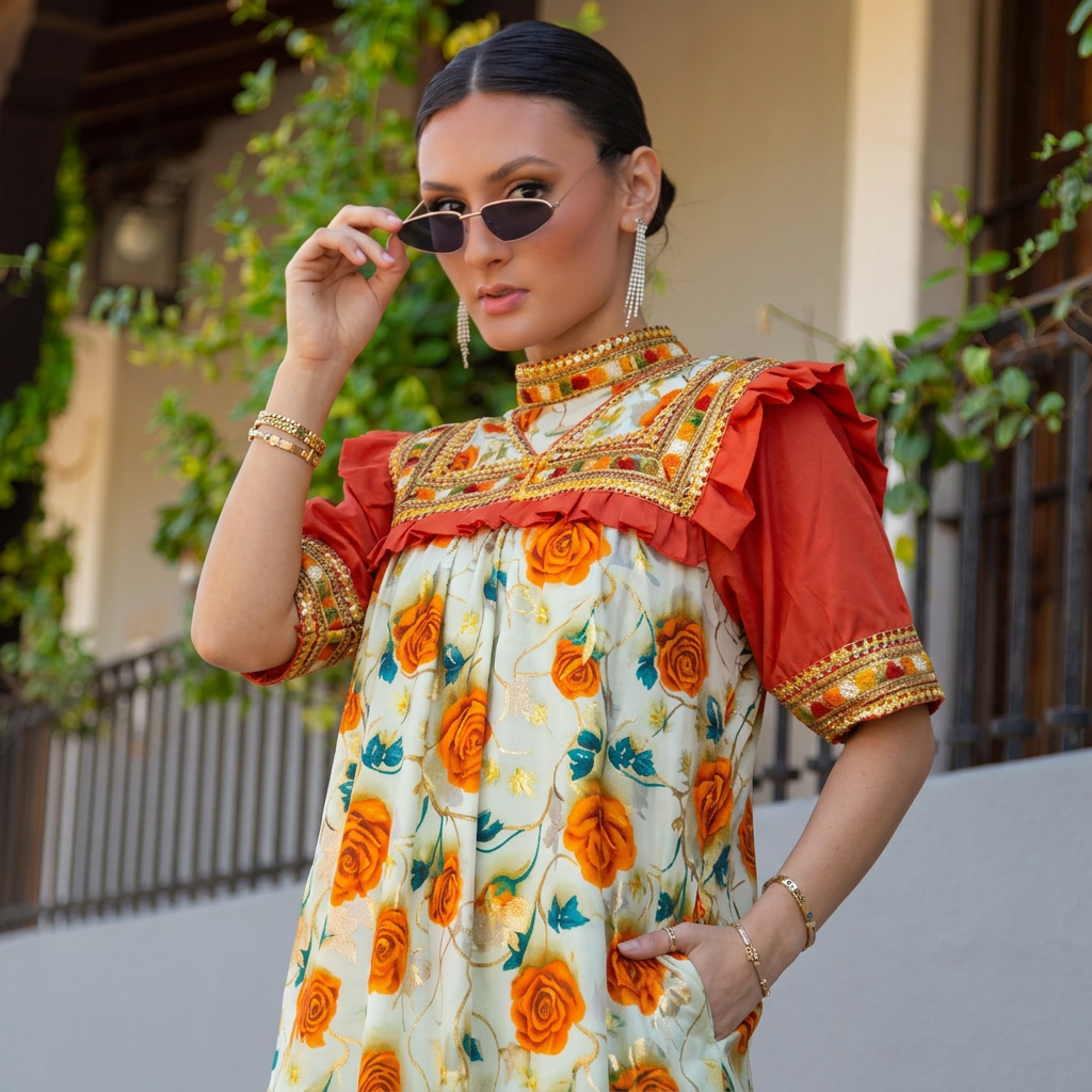 Femme portant une robe traditionnelle colorée à motifs floraux orange